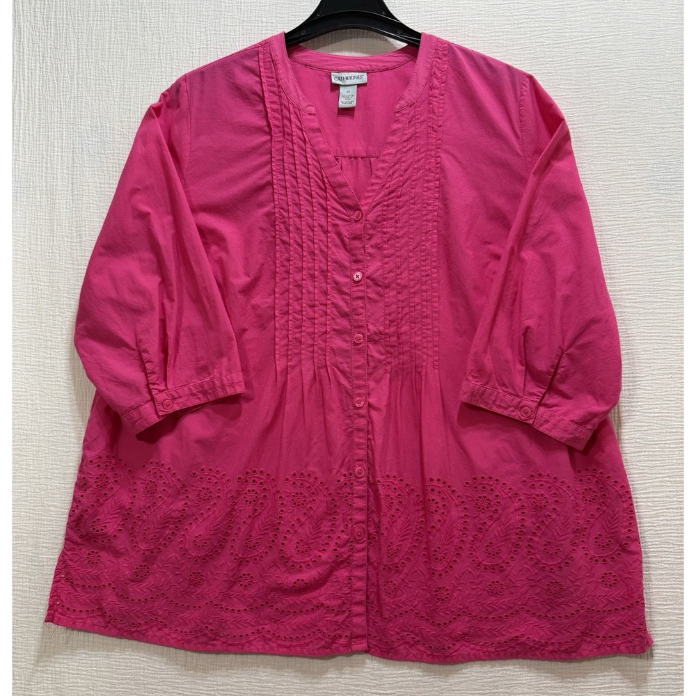 Catherines Blouse Womens 2X Pink Eyelet Embroidered‎ Pintuck Button Front Boho